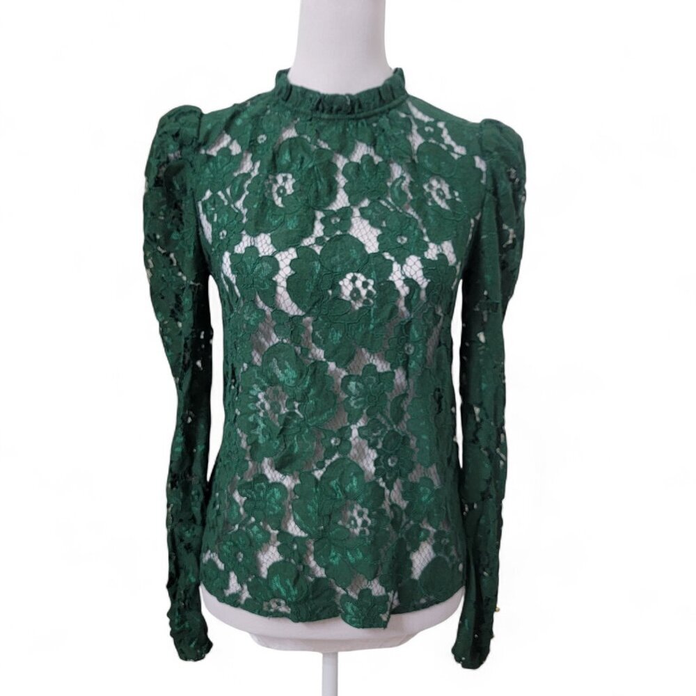 Wayf Size XS Dark Green Erika Lace Blouse, Long Sleeve, Ruffle Collar